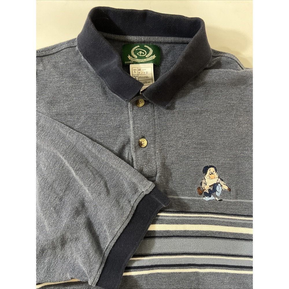 VTG Disney Golf Blue w/ White & Blue Strips 100 Cotton Polo Grumpy Size L Large